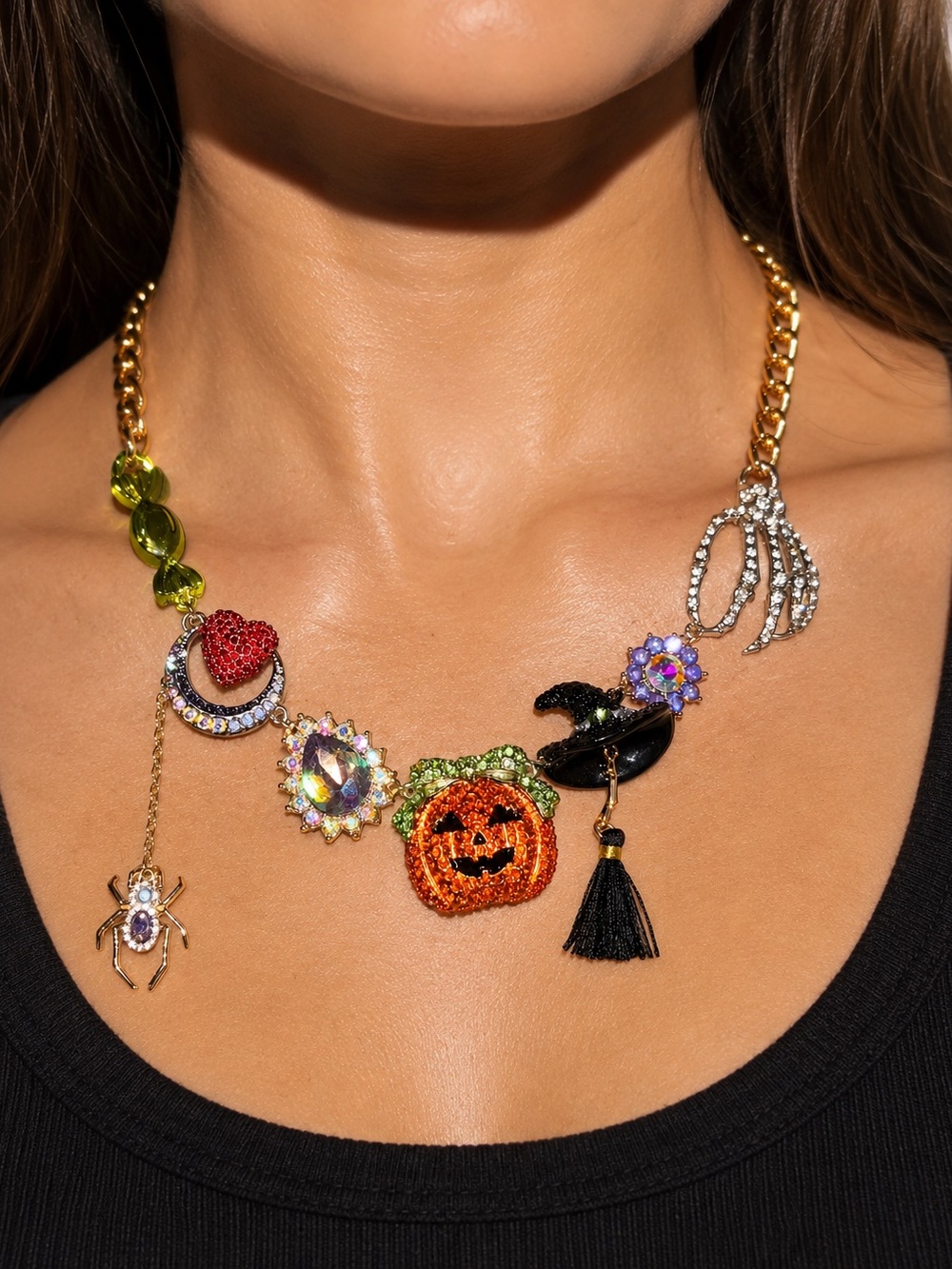 Betsey Johnson Halloween Charm Chain Link Necklace Glass Crystals NWT